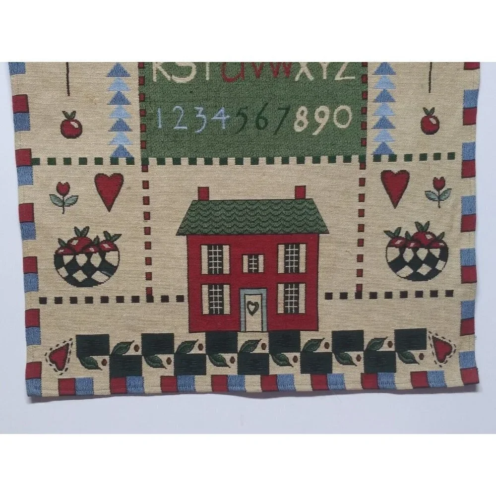 Vtg Wall Hanging Tapestry House Home school Scene 26.5